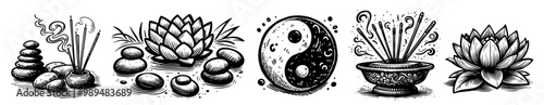 spiritual collection of zen stones, lotus flower, incense, and yin yang in black and white vector graphics