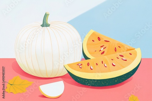 Coloring book illustration of two whole white and yellow pumpkins with a white slice and quarter on dry red beta photo