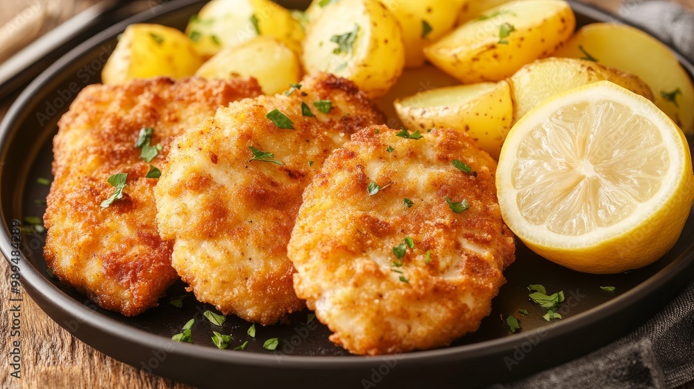 Crispy chicken cutlets with a delicious sauce, served with fried potatoes and a squeeze of lemon. Crispy chicken cutlets with a delicious sauce, served with fried potatoes and a squeeze of lemon.