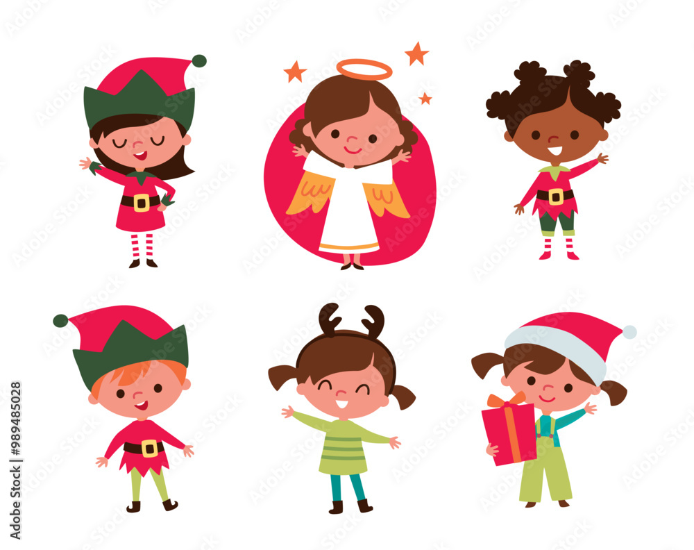 Cute children and Santa elves. Children in festive costumes. Baby angel. Kids with christmas accessorizes and gifts. Cute children and Santa elves. Children in festive costumes. Baby angel. Kids with christmas accessorizes and gifts.