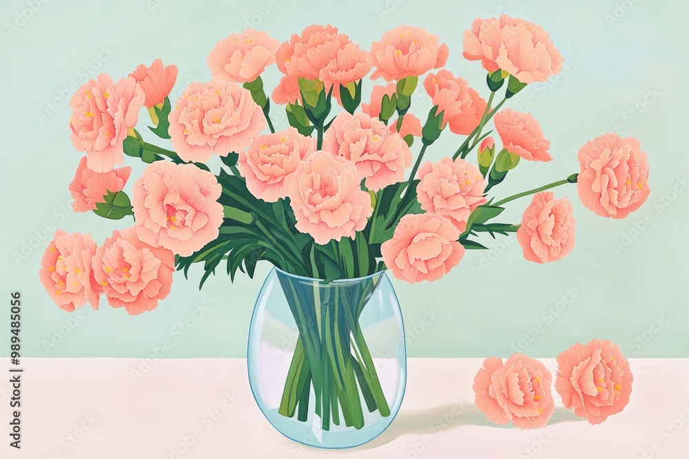 Obraz premium Coloring book illustration of pink carnations in a vase abstract bouquet with pink flowers floral arrangement for a gift spring floral design whimsical still life