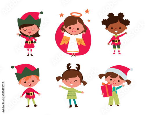 Cute children and Santa elves. Children in festive costumes. Baby angel.  Kids with christmas accessorizes and gifts.