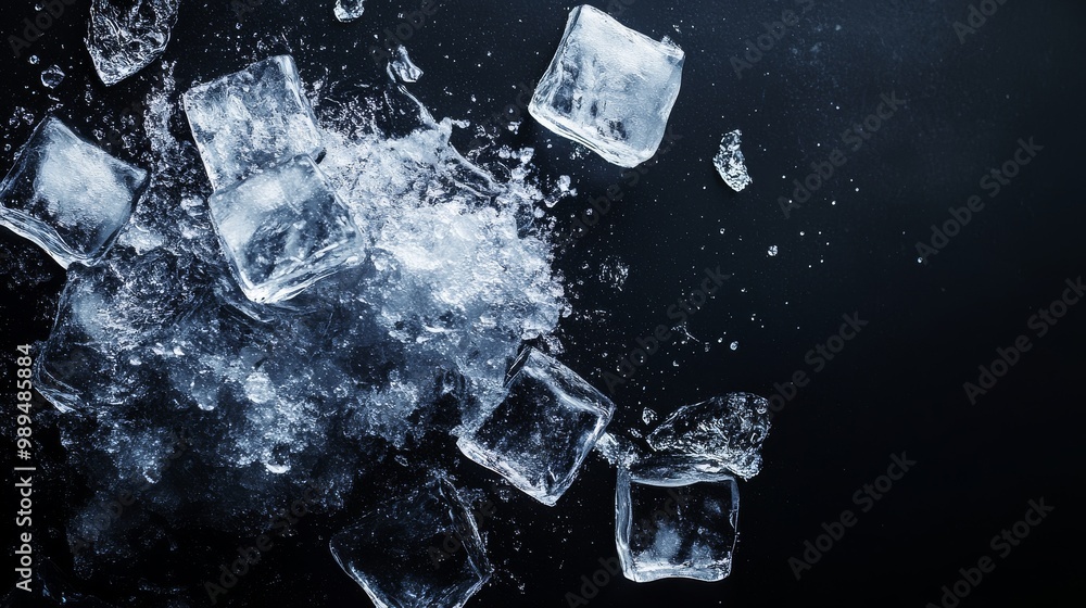 Ice cubes bursting apart, seen from above, against a dark background. Ice cubes bursting apart, seen from above, against a dark background.