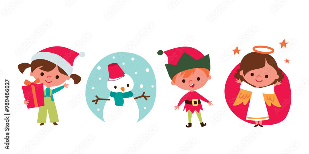 Cute children and Santa elves. Children in festive costumes. Baby angel. Kids with christmas accessorizes and gifts. Snowman with scarf. Cute children and Santa elves. Children in festive costumes. Baby angel. Kids with christmas accessorizes and gifts. Snowman with scarf.