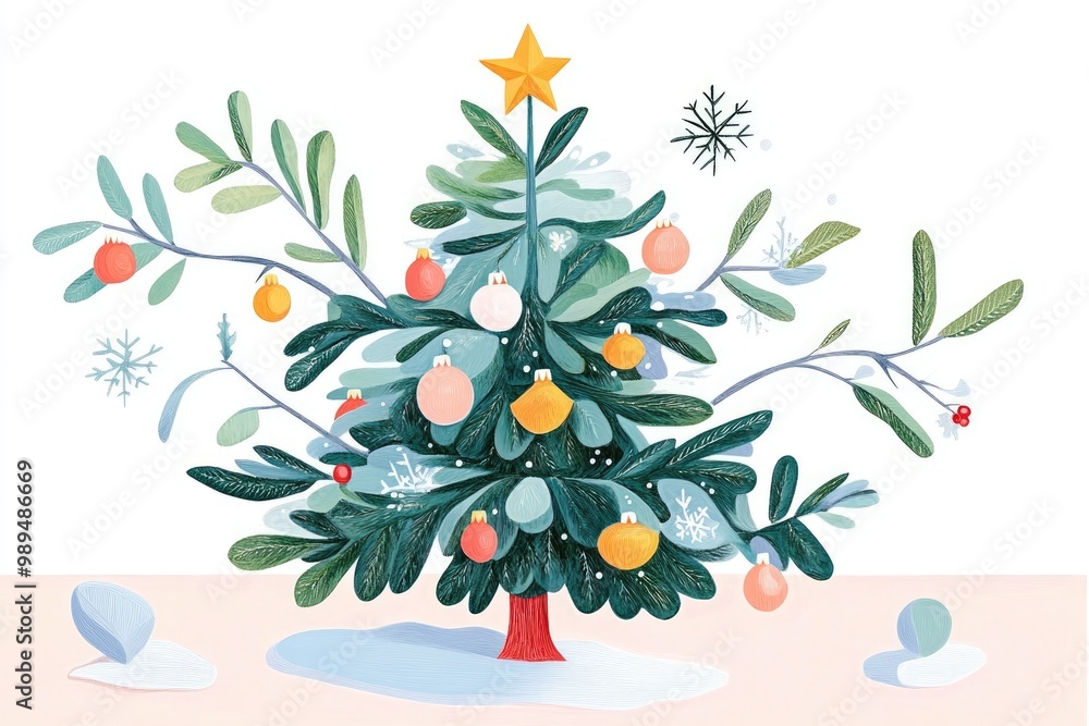 Fototapeta premium Christmas Tree Coloring Page with Yellow Star Decoration and Snowflakes