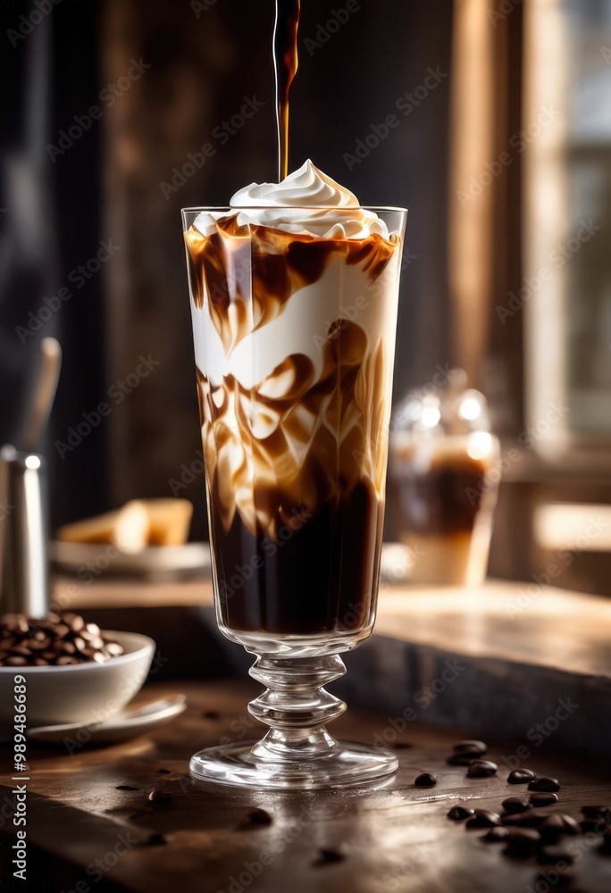 detailed close iced coffee showcasing layers cream ice refreshing beverage arrangement, refreshment, swirl, glass, condensation, drink, espresso, flavor detailed close iced coffee showcasing layers cream ice refreshing beverage arrangement, refreshment, swirl, glass, condensation, drink, espresso, flavor