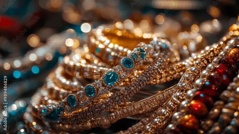 Shiny jewelry and bracelets stand out against a dark background. Shiny jewelry and bracelets stand out against a dark background.
