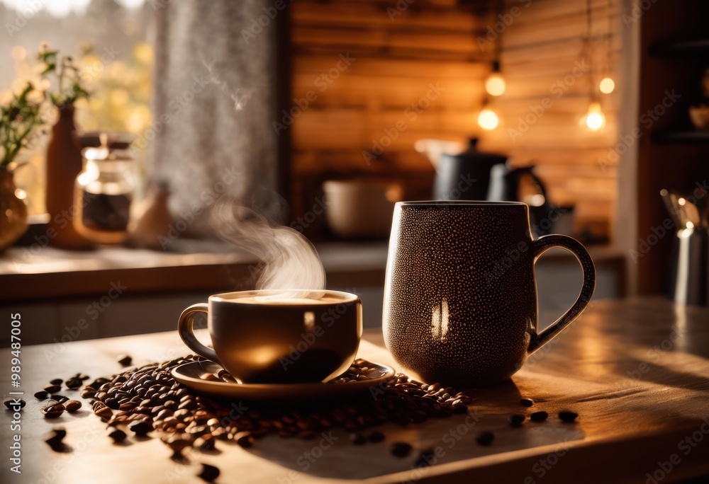 stylish mug setup freshly brewed coffee surrounded coffee beans cozy ambience, aroma, steam, drink, beverage, cup, ceramic, morning, warmth, geometric stylish mug setup freshly brewed coffee surrounded coffee beans cozy ambience, aroma, steam, drink, beverage, cup, ceramic, morning, warmth, geometric