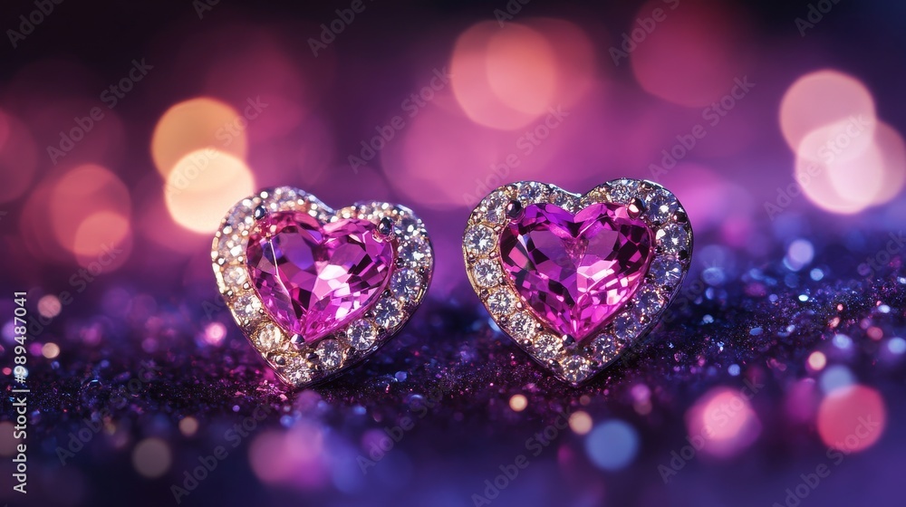Sparkling heart-shaped earrings with pink gemstones, shown close-up against a rich purple background. Sparkling heart-shaped earrings with pink gemstones, shown close-up against a rich purple background.