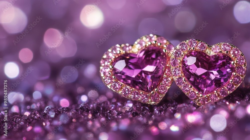 Fototapeta premium Sparkling heart-shaped earrings with pink gemstones, shown close-up against a rich purple background.