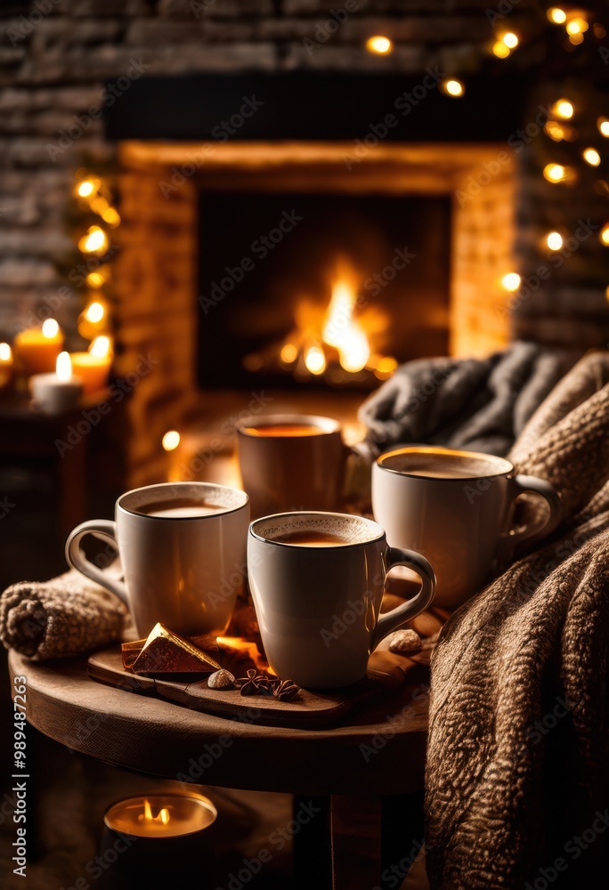 cozy winter drink setup crackling fireplace featuring warm elegant soft glowing ambiance, beverage, mug, blanket, warmth, atmosphere, comfort, snow, hot