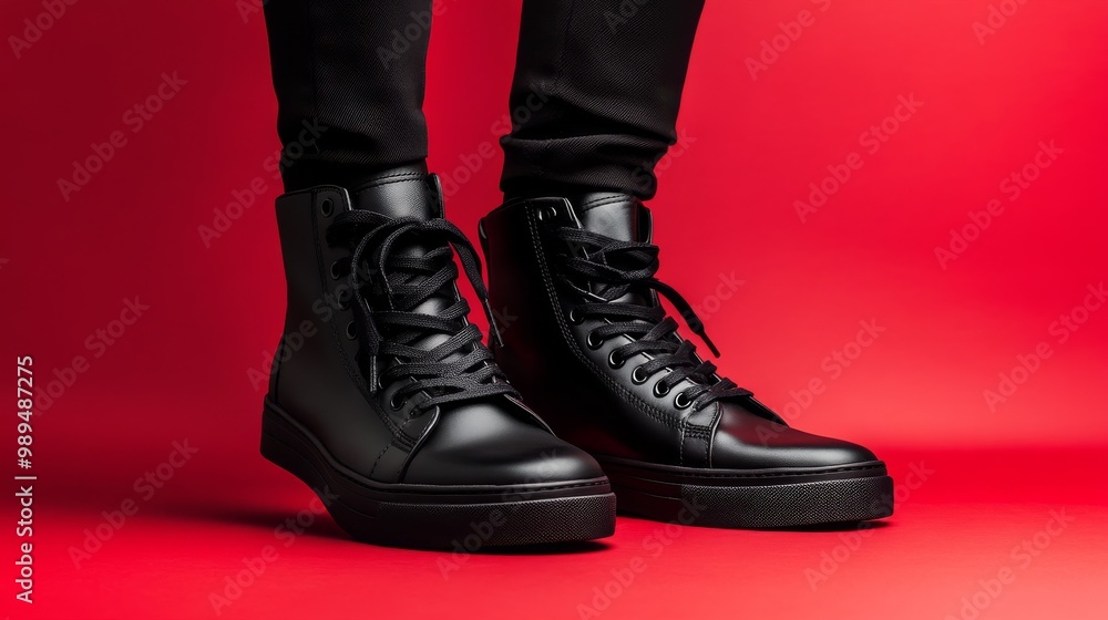Stylish black shoes for teens, made from real leather. They look great against a red backdrop. Stylish black shoes for teens, made from real leather. They look great against a red backdrop.