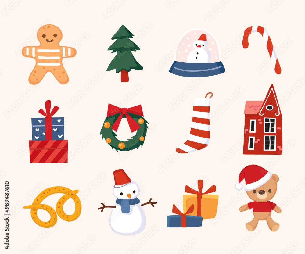 Fototapeta premium Set of Christmas elements. Santa Claus smiling. Cartoon snowman, reindeer, teddy bear, gingerbread men.