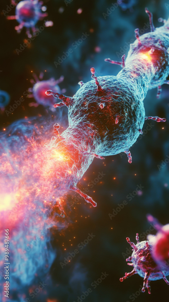 Microscopic view of a virus being destroyed by a powerful force. Microscopic view of a virus being destroyed by a powerful force.