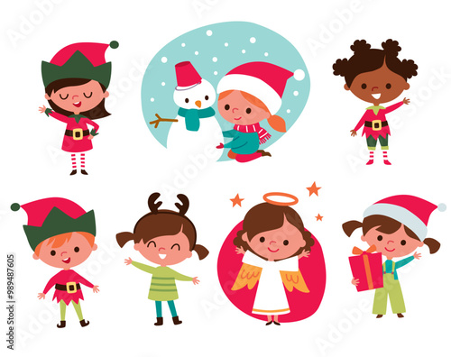 Cute children and Santa elves. Children in festive costumes. Baby angel.  Kids with christmas accessorizes and gifts. Snowman with scarf.