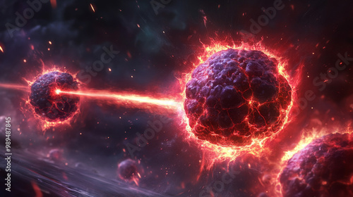 Fiery celestial bodies collide in a cosmic dance. photo