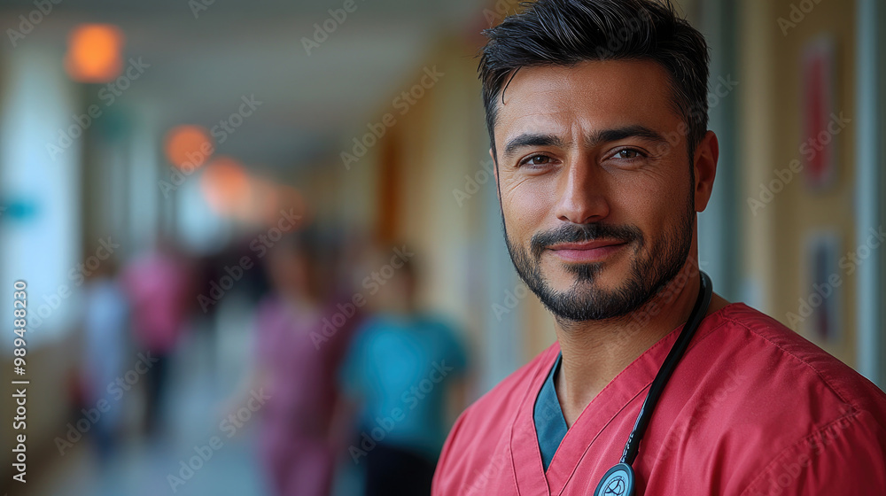 A male healthcare worker in red scrubs stands smiling in a bustling hospital corridor filled with medical staff and patients A male healthcare worker in red scrubs stands smiling in a bustling hospital corridor filled with medical staff and patients
