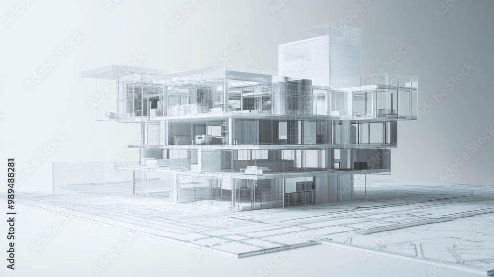 Fototapeta premium A white architectural model of a modern house with a complex design, sitting on a blueprint.