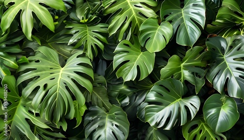 Tropical foliage background featuring lush monstera leaves from a top view perspective