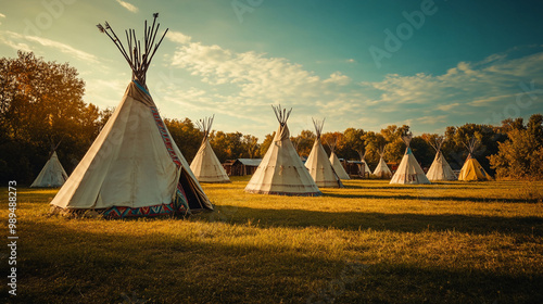 Traditional tipis gathered in a serene landscape during golden hour in a natural setting photo