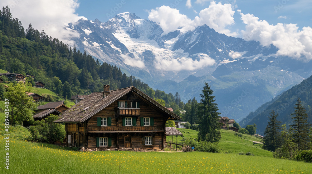Charming Swiss chalet surrounded by lush greenery and majestic mountains on a sunny day Charming Swiss chalet surrounded by lush greenery and majestic mountains on a sunny day