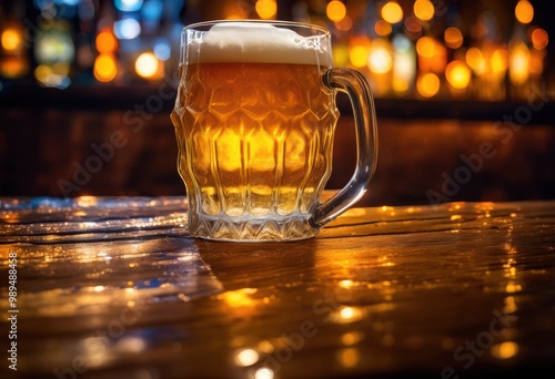 close foamy beer glass rustic wooden surface capturing colorful reflection textural details bar scene, froth, bubbles, drink, liquid, amber, craft photo