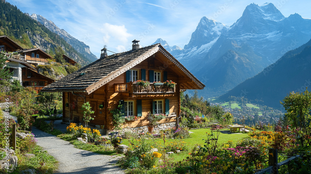 Charming wooden chalet surrounded by mountains and blooming gardens in the Swiss Alps Charming wooden chalet surrounded by mountains and blooming gardens in the Swiss Alps