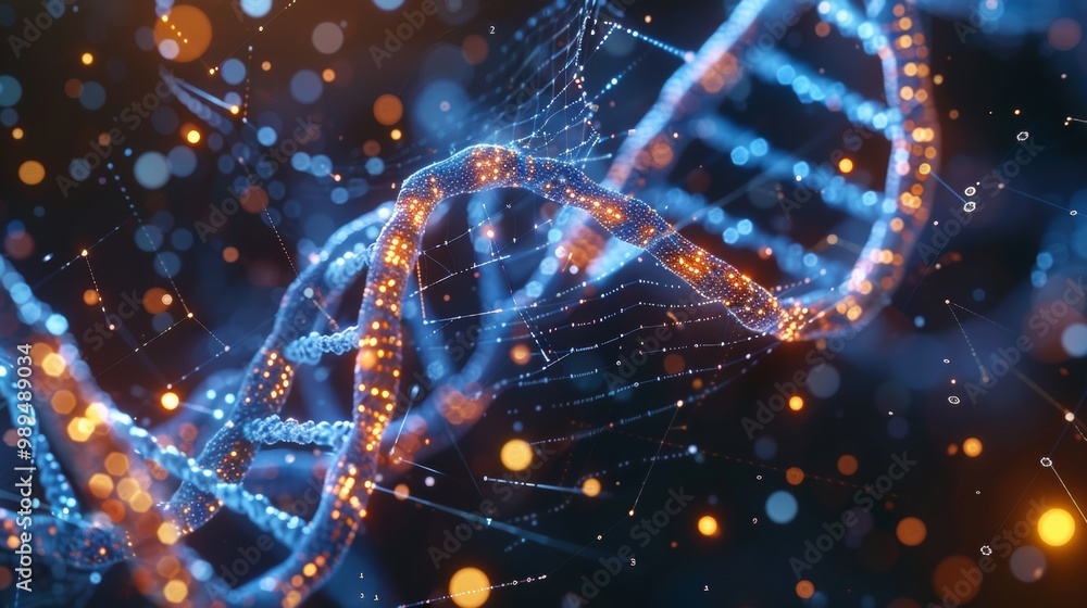 Obraz premium Glowing DNA Strand with Digital Data Connections