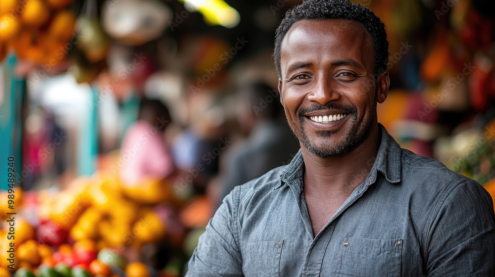 Fototapeta premium The smiling vendor engages with potential customers amidst a colorful array of fruits at a lively market location during the afternoon
