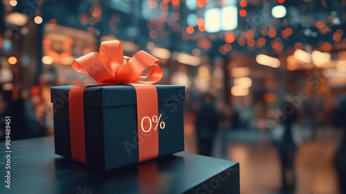 Holiday Shopping Discount Concept with Gift Box and Zero Percent Sign in Festive Store Background photo