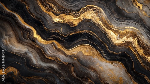 These are elegant marble tiles with brown, black, and gold colors. They have a natural, abstract pattern and a glossy finish, perfect for creating a luxurious look.