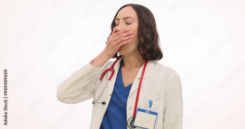 Woman doctor with tired expression covers mouth with hand and yawns on white background. Physician dreams of restful sleep to recharge after appointment Woman doctor with tired expression covers mouth with hand and yawns on white background. Physician dreams of restful sleep to recharge after appointment