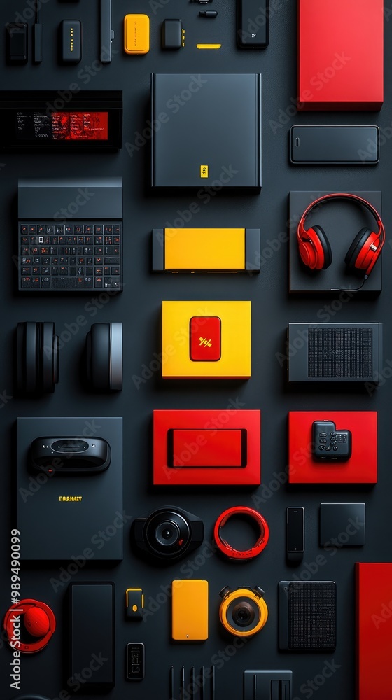 Modern Colorful Gadgets in Red and Yellow Flat Lay on Black Background Modern Colorful Gadgets in Red and Yellow Flat Lay on Black Background