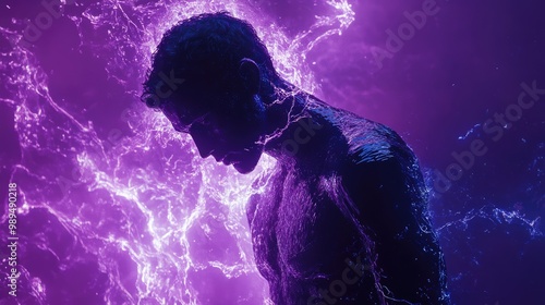 Electric Energy Human Silhouette in Purple Lightning, Futuristic Concept Art Photography photo