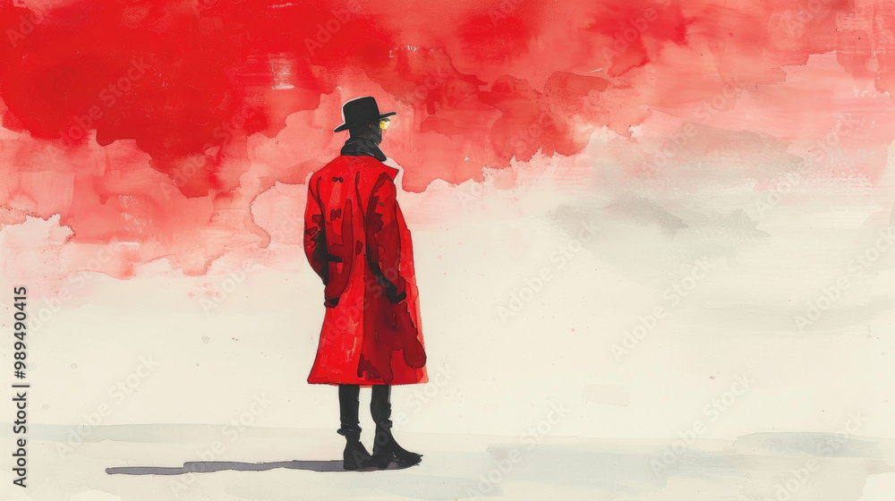 Fototapeta premium A solitary figure dressed in a long red coat gazes into a striking red and white expanse, evoking curiosity and introspection outdoors