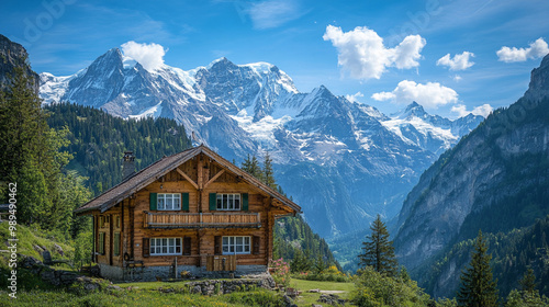 Charming wooden cabin surrounded by towering snow-capped mountains on a sunny day