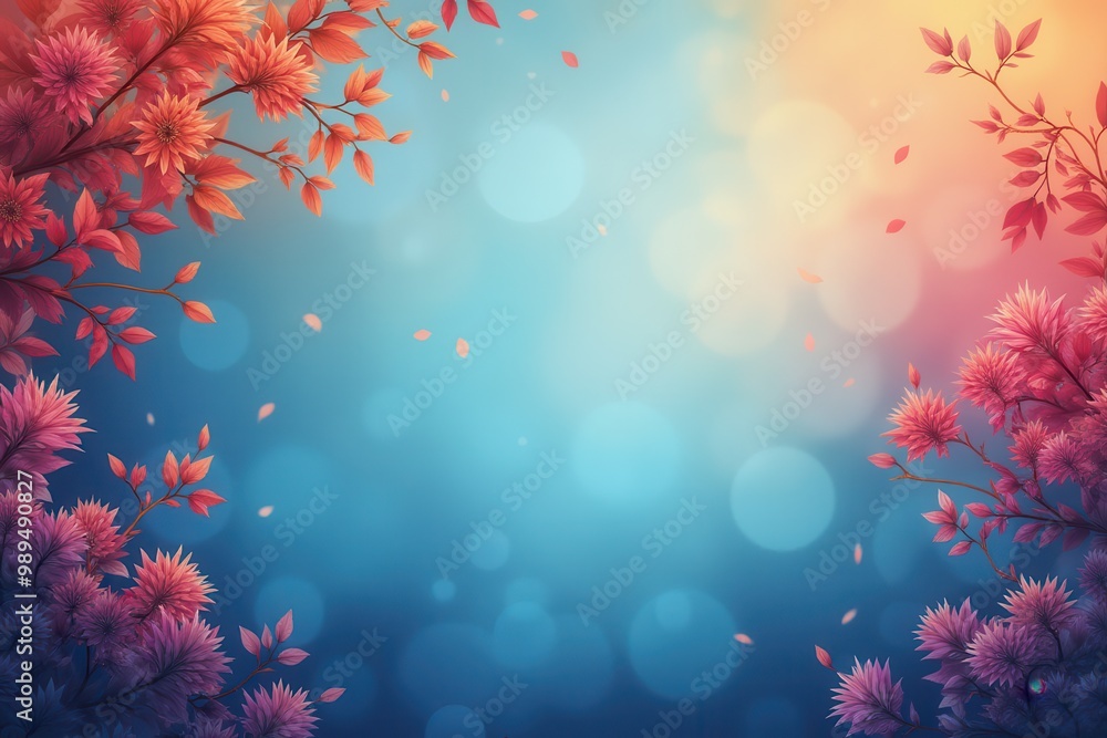 Pink and Red Flowers Framing a Blue and Yellow Gradient Background Pink and Red Flowers Framing a Blue and Yellow Gradient Background