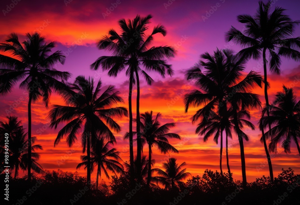 vivid sunset backdrop highlighting lush palm tree silhouettes rich colors, nature, vibrant, horizon, sky, cloud, landscape, tropical, evening, orange, yellow