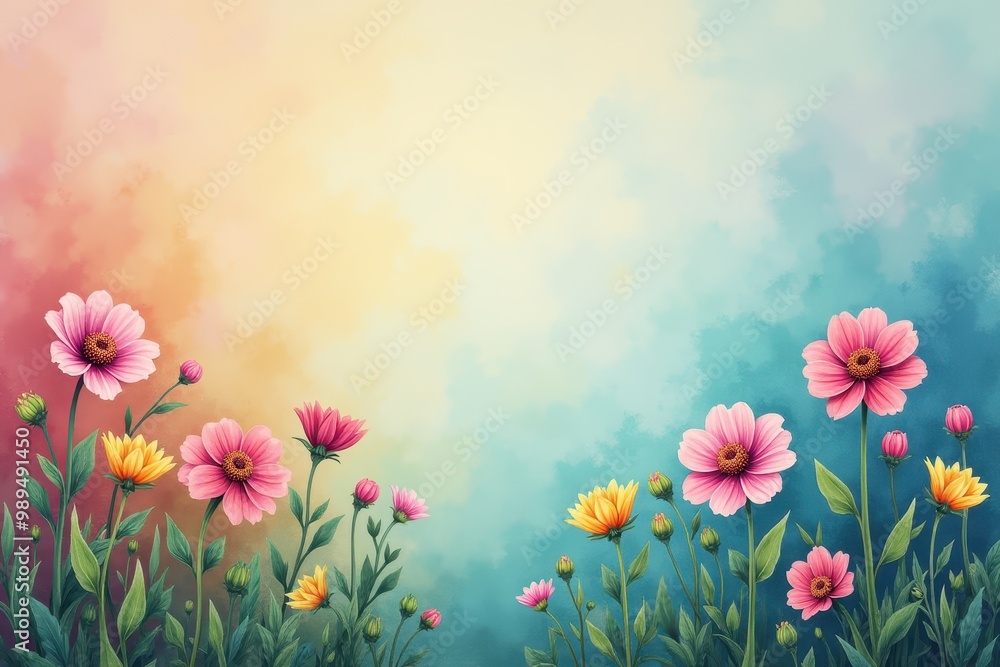 Obraz premium Pink and Yellow Flowers Against a Watercolor Sky