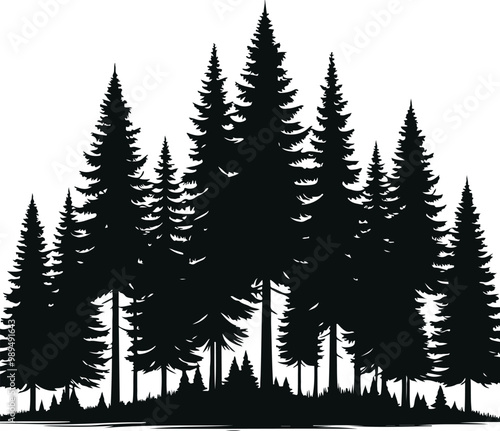 Hand Drawn Panorama Pine Tree Forest Glyph Icon Set Vector Illustration Design Silhouette Style On Isolated White Background