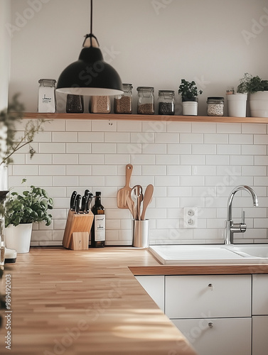 Minimalist kitchen with wooden countertops and natural decor