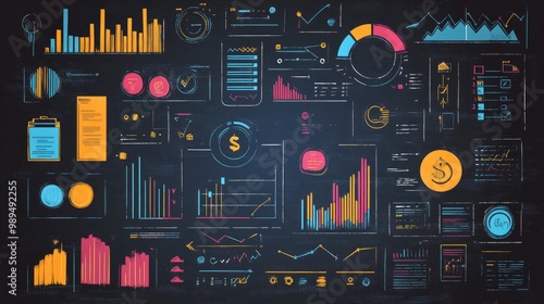 Data Visualization Displaying Business Analytics on Chalkboard with Colorful Graphs and Charts photo