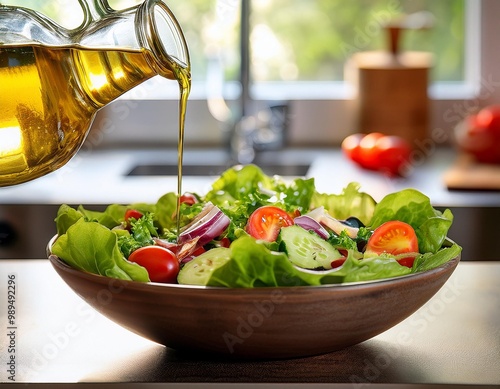 lettuce salad made with fresh vegetables and olive oil poured on it photo