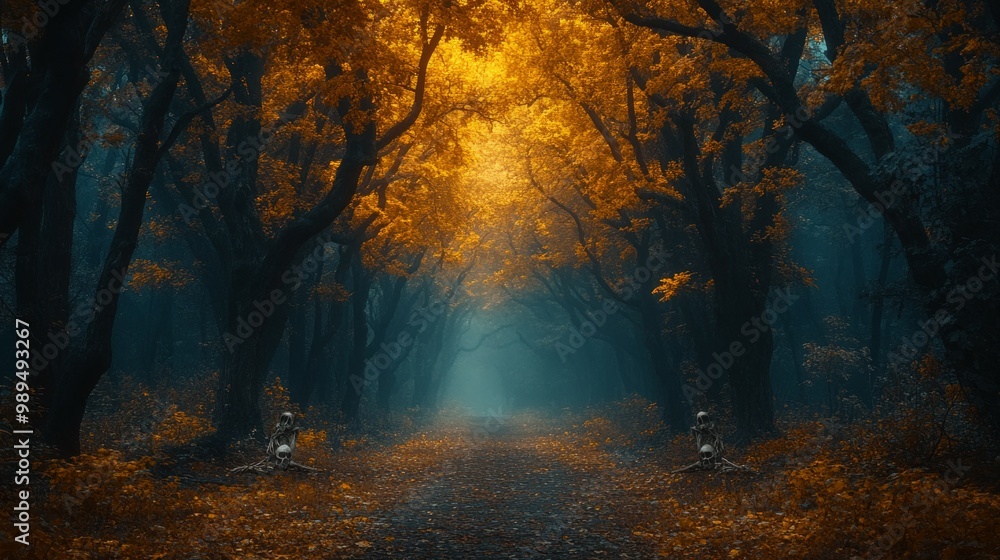 Obraz premium dark forest, autumn, night background