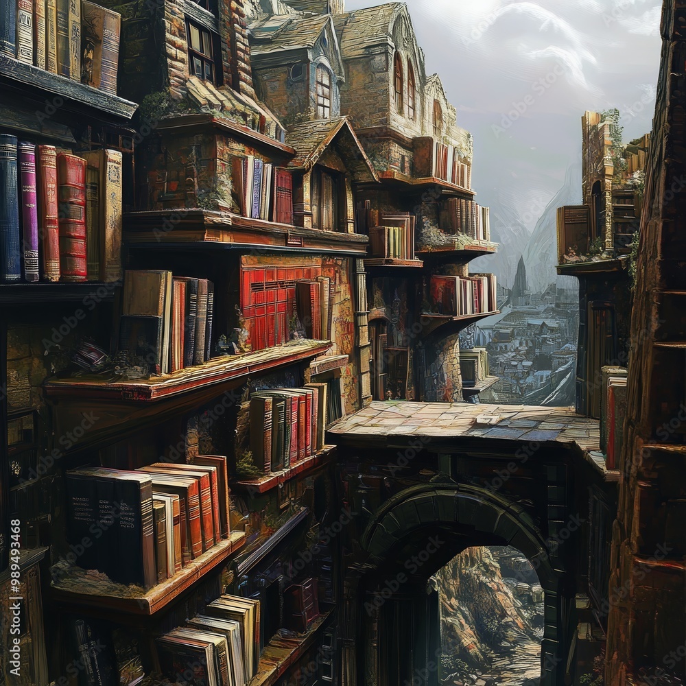 Surreal cityscape made of towering bookshelves and buildings, with winding paths and arches, overlooking a misty valley in the distance Surreal cityscape made of towering bookshelves and buildings, with winding paths and arches, overlooking a misty valley in the distance
