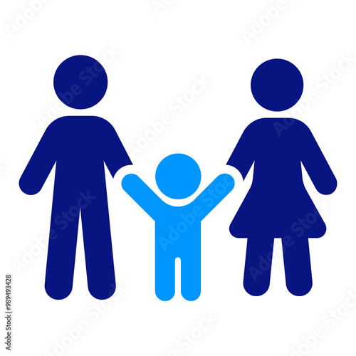 A family unit with two parents holding hands with a child, symbolizing unity, family care, and togetherness, blue and light blue tones, minimalist design, clean and simple geometric forms.