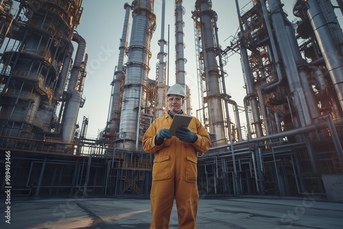 An industry worker in a refinery checks news on a tablet while surrounded by towering machinery during the late afternoon hours