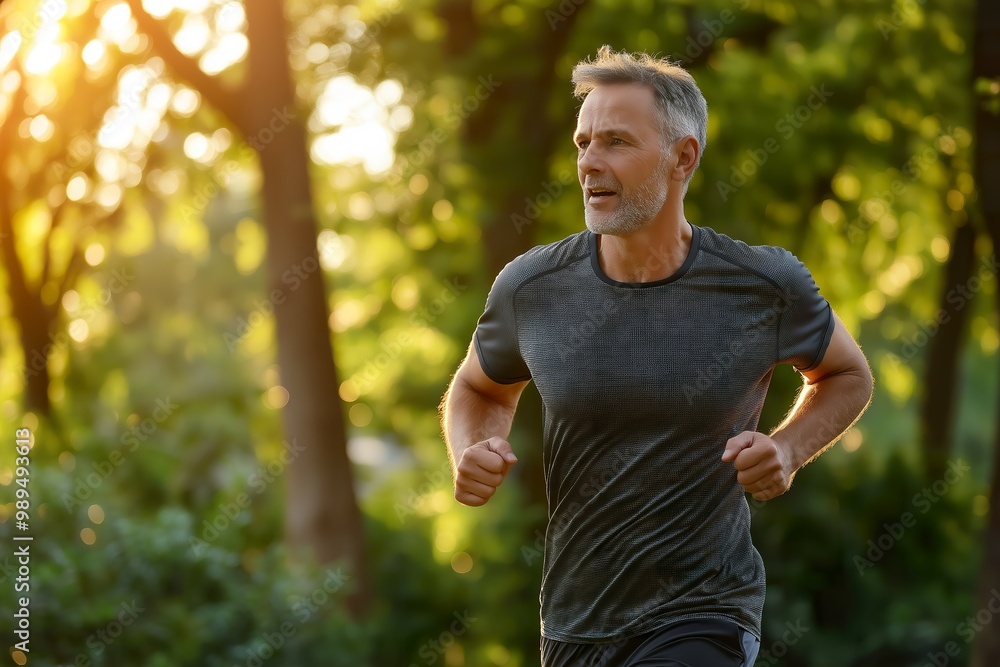 Man jogging in a park during golden hour to promote digestive health through outdoor exercise Man jogging in a park during golden hour to promote digestive health through outdoor exercise