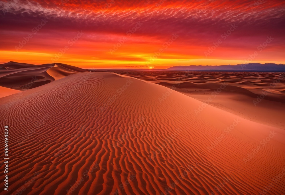 Naklejka premium stunning dune patterns displaying elegance beneath vivid sunset sky warm hues striking color combinations, sand, texture, landscape, contrast, light