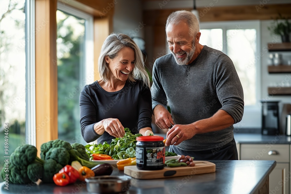 Couple preparing a healthy meal together in a bright kitchen filled with fresh vegetables on a sunny afternoon Couple preparing a healthy meal together in a bright kitchen filled with fresh vegetables on a sunny afternoon